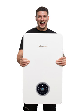 Excited plumber holding onto a worcester boiler and smiling